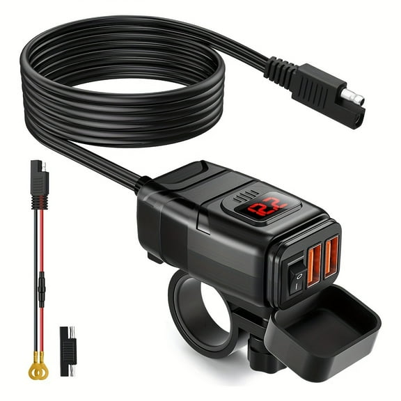 Motorcycle USB Charger, 6.8A Quick Charge 3.0 Dual USB Motorcycle Phone Charger with Voltmeter & ON/Off Switch, Quick Disconnect SAE to USB Adapter for Phone, Tablet, GPS