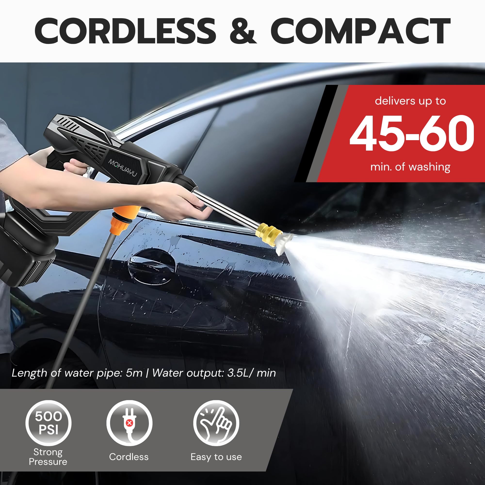 MQHUAYU Cordless Pressure Washer, 2 Replaceable 96V Batteries, 1000 PSI 1.5GPM Portable Handheld Cleaner with 2 Nozzles & Soap Tank, Electric Power Washer for Car, Garden, Patio & Outdoor Cleaning