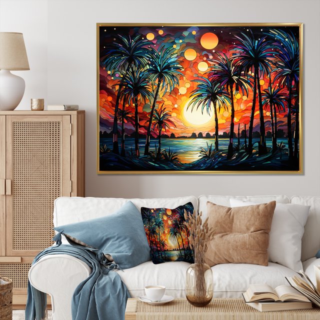 Designart Palms & Palm Trees framed wall art decor, Palms & Palm Trees framed wall Art, Colorful Sunset Palm Trees in Serene Beauty I , Multi-Color Traditional black framed wall art, black frame