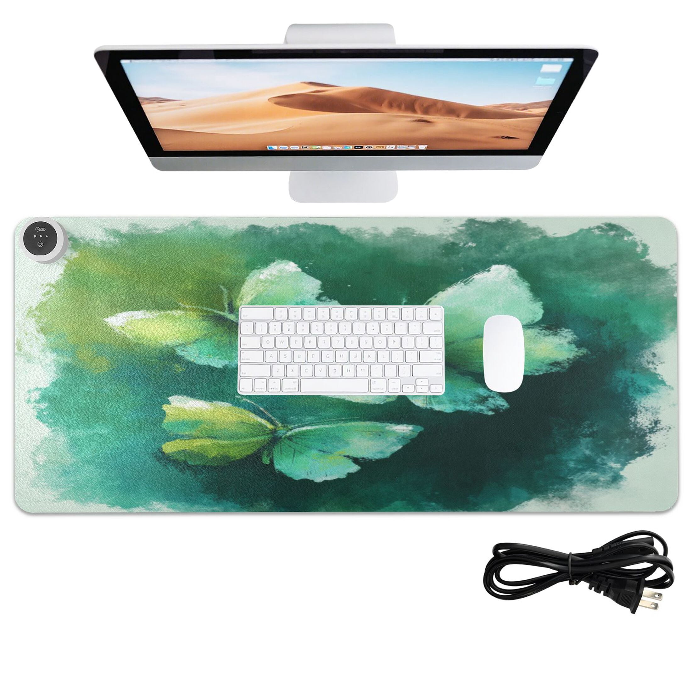 Large Heated Desk Mat Mouse Pad 31.5"x13"PU Leather Graphene Heating Desk Warmer with 3 Temperature Settings 110V US Plug Non-Slip Warm Pad for Home, Office, and Gaming Deep Green Butterfly Whisper