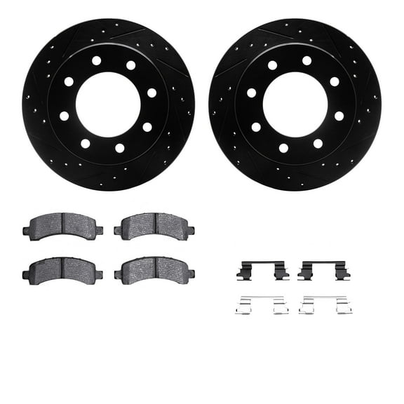 Dynamic Friction Company Rear Brake Rotors-Drilled and Slotted-Black with Heavy Duty Brake Pads includes Hardware 8212-48011