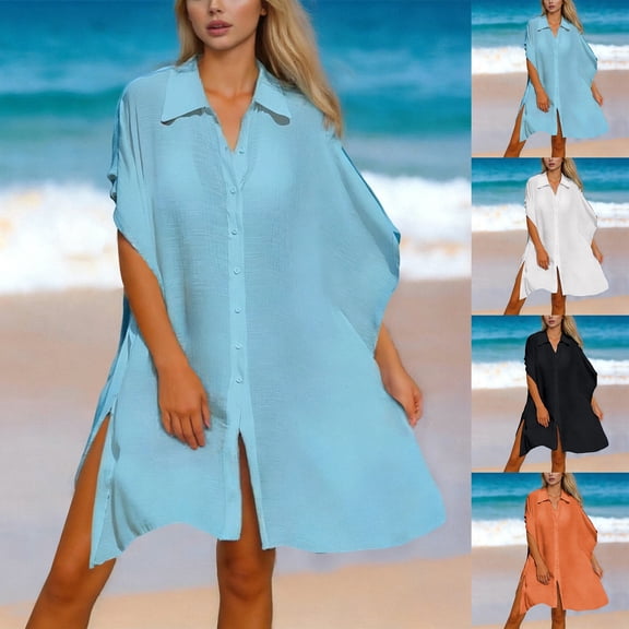 Plus Size Swim Suit Coverup for Women 3/4 Sleeve Beachwear Bikini Coverups Button Down Oversized Cover Up Shirt White, One Size