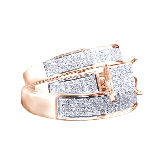 AFFY White Natural Diamond Engagement & Wedding Square Trio Band Ring Set In 10k Rose Gold (0.53 Cttw)