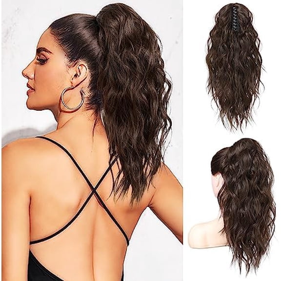 Wavy Curly Claw Clip Ponytail - Synthetic Hairpiece, 18 Inch (Dark Brown)