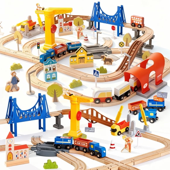 Set de Tren de Madera Gigante Bean 94 Piezas Aventura en la Ciudad para Niños