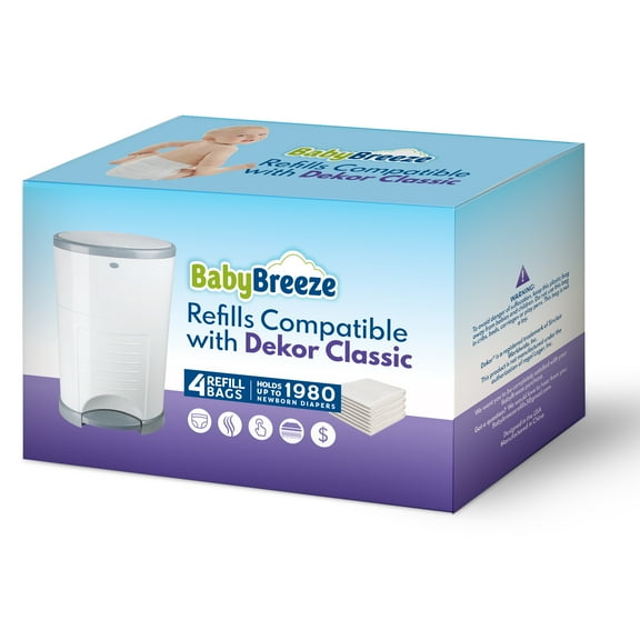 Diaper Pail Refills Compatible with Dekor CLASSIC Diaper Pail 4 Refill Bags Holds 1980 Diapers  Strong, Durable Baby Powder Scented Refills Bags