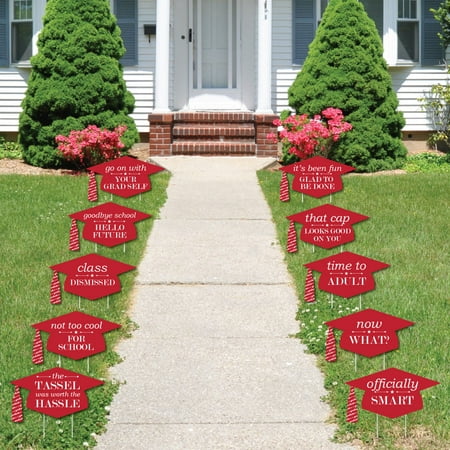 Red Grad Caps - Shaped Outdoor Grad Lawn Decor - Graduation Party Yard Signs – 10 Piece