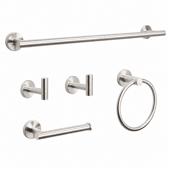 5-Piece Bathroom Hardware Set with Towel Bar, Ring, Toilet Paper Holder and 2 Robe Hooks, Nickel