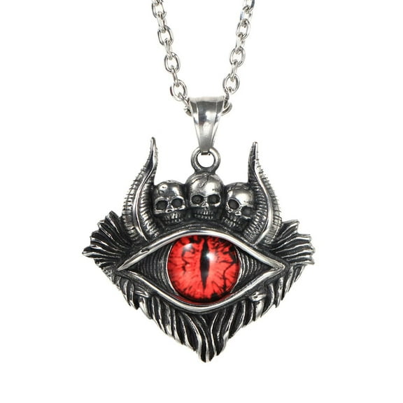 PAMTIER Men's Stainless Steel Hip Hop Vintage Bloody Red Evil Eye Gothic Unique Skull Head Oxhorn Pendant Necklace with Chain