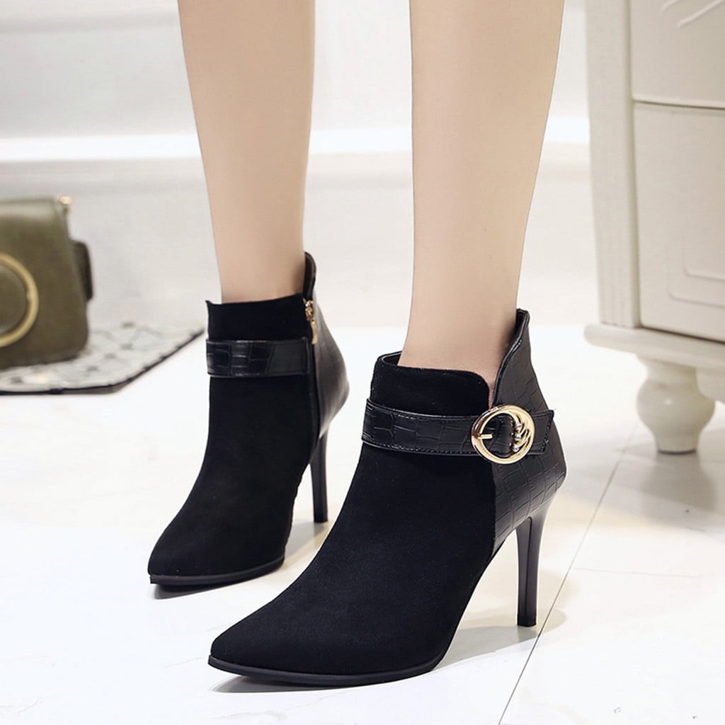 Pointed toe womens suede metal strap buckle fashion mid high heel shoes party US 