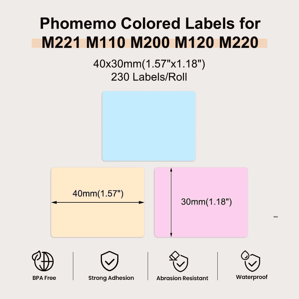 Phomemo M110 Labels, M110/M220/M221/M120/M200 Thermal Labels 1.57" x 1.18"(40mmx30mm), M110 Labels Self-Adhesive Label, 230 Labels/Roll, 3 Rolls