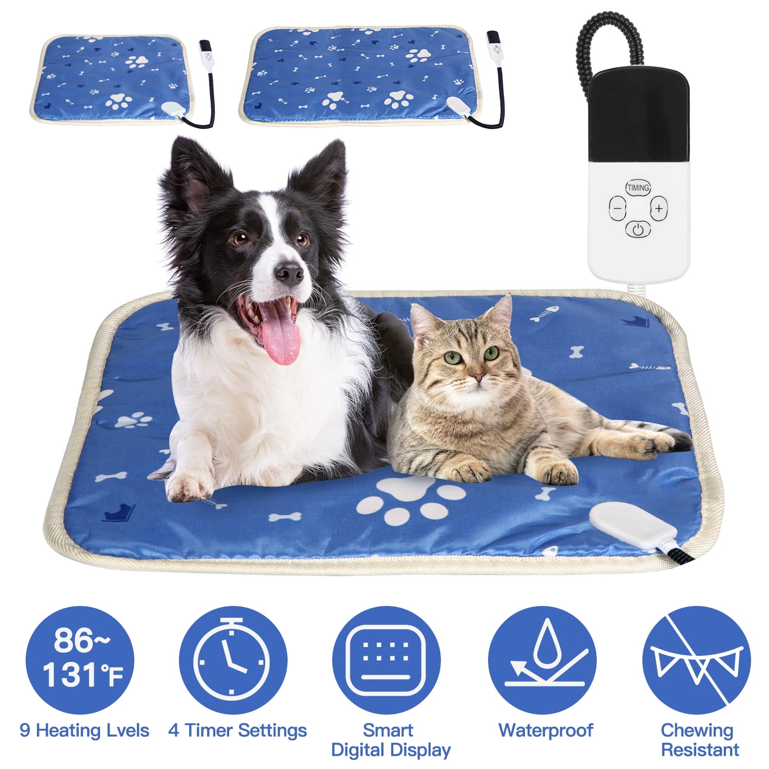 Pet Heating Pad, Electric Dog Cat Warming Pad Waterproof with 9 Heating Levels 4 Timer Setting Constan on Function Chewing Resistant, Blue S