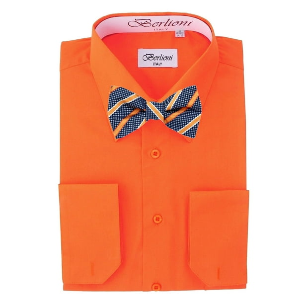 Berlioni Men's Orange Solid Dress Shirt and Self Tie Bow Tie