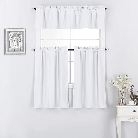 3 Piece 100% Blackout Insulated Kitchen Décor Window Treatment Curtain Panel Tiers and Valance Set - 36 inch Long Tiers and 14" inch Long Valance, White
