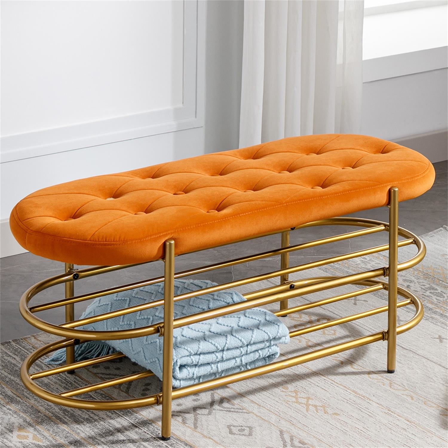 Kadyn Upholstered Velvet Beach, End of Bed Bench with 2 Shelf, Storage Beach for Living Room, Entrance, Orange