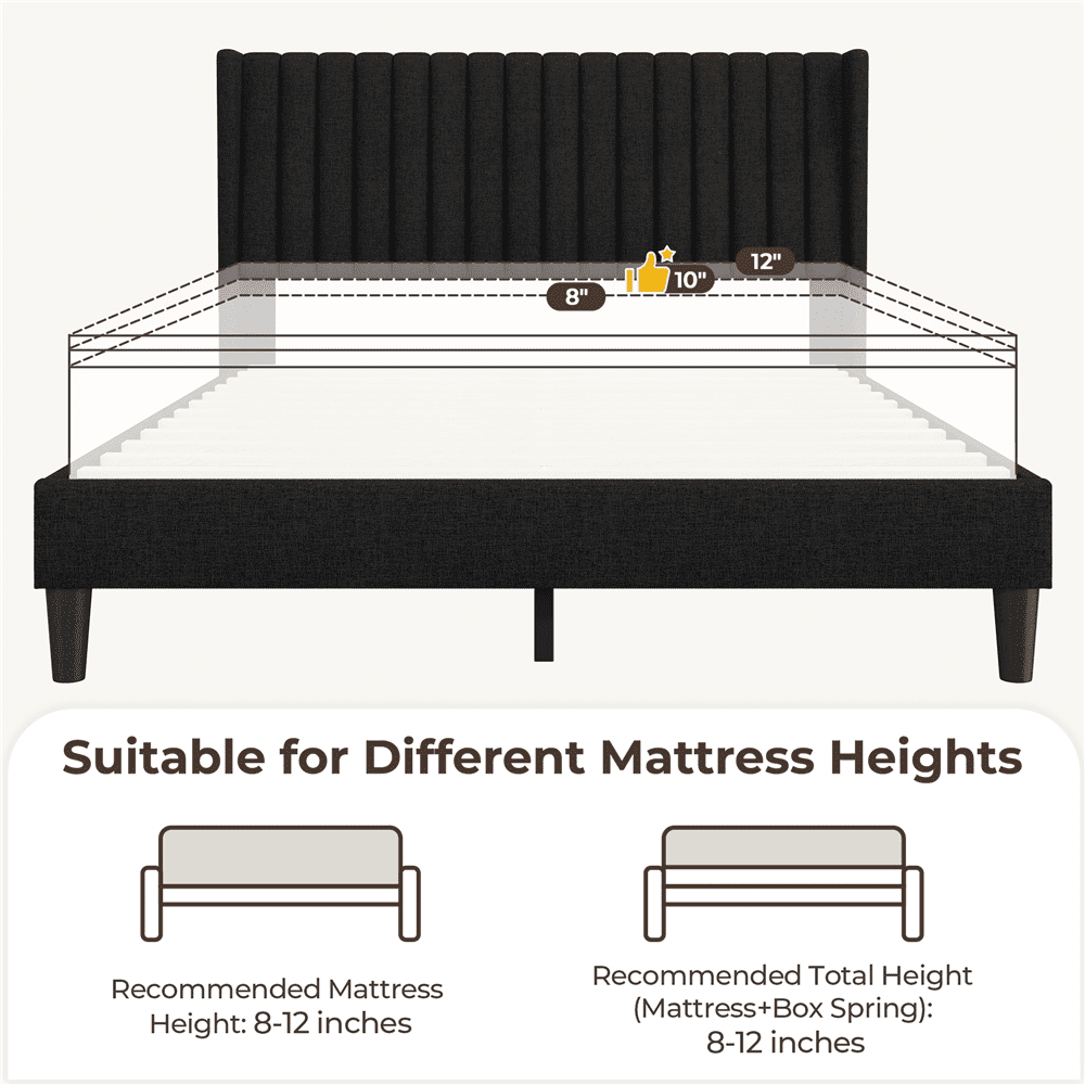 Renwick Upholstered Platform Bed Frame with Wing Side and Channel Tufted Headboard, Queen, Black
