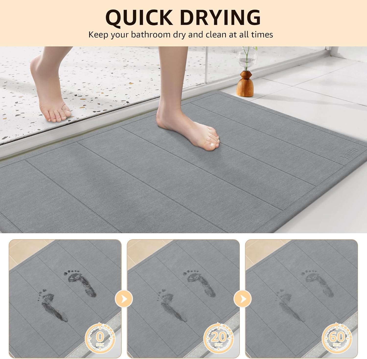Yolife 32"x20" Diatomite Bath Mat, Super Absorbent Quick-Dry Bathroom Rug, Non-Slip Natural Diatomaceous Earth Mat for Shower, Kitchen, Entryway, Easy to Clean,Dark Grey