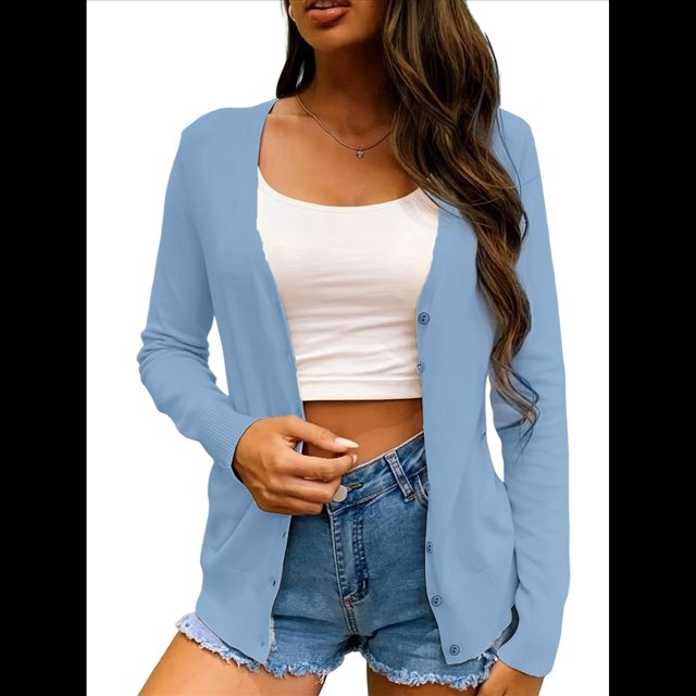 Cárdigan de Punto con Botones para Mujer, Larga, Informal, de Punto Suave, Tipo Cárdigan, Suéter Superior Azul L