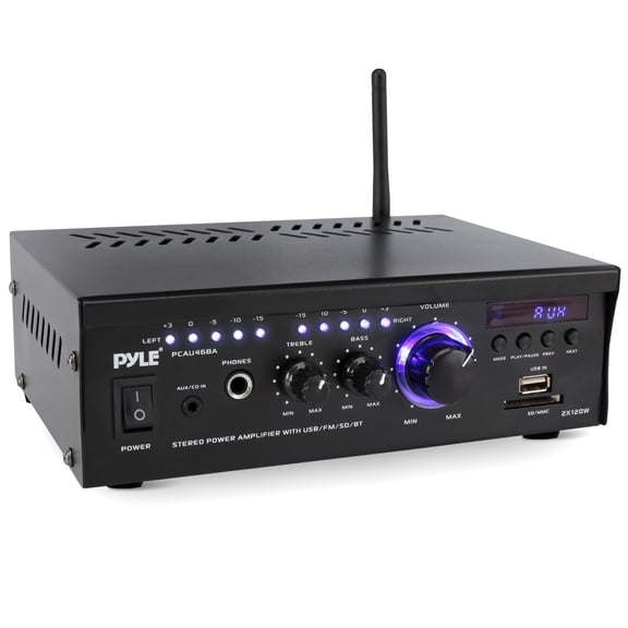 Pyle Bluetooth Stereo Amplifier 2x120W Home Audio Receiver with Blue LED Display, USB/SD, AUX, RCA & Headphone Jack, Wireless Streaming with Remote Control