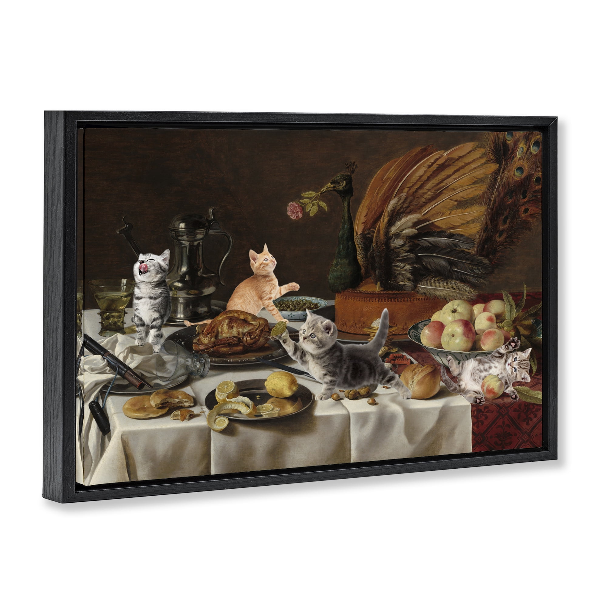 Kittens on Still Life Feast Black Framed Floater Canvas Wall Art, design by Masters Redux