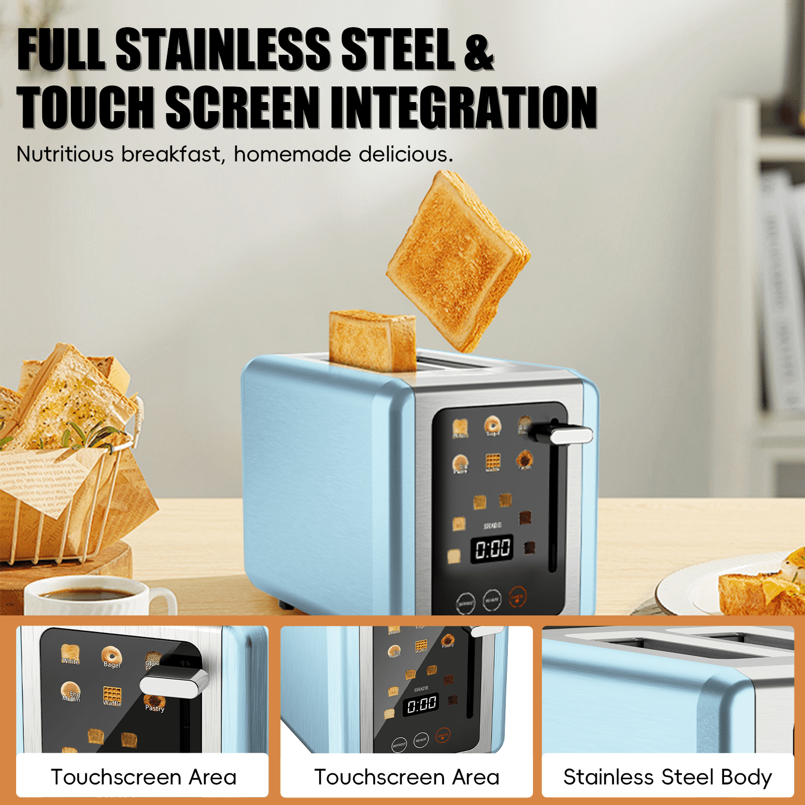 WHALLULTRA 2-Slice Touchscreen Toaster, Stainless Steel, 1.5" Wide Slots, Bagel/Defrost, 850W, Blue