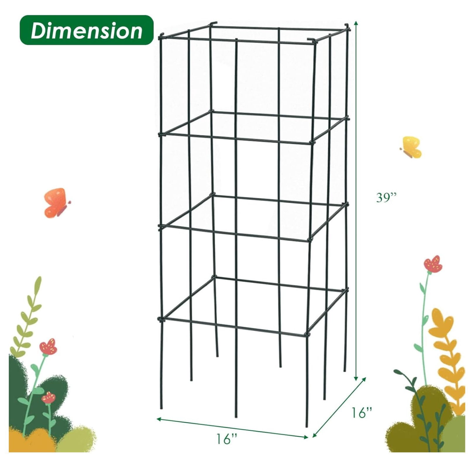 4 Pack Folding Tomato Cages, 39 Inches Tall Square Plant Support Cage for Garden Climbing Plants Flowers Fruits, Heavy Duty Tomato Vegetable Trellis