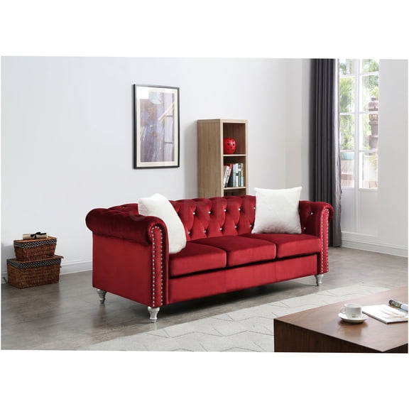 JERFIT 3-Seater Velvet Sofa with Tufted Back and Nailhead Trim, Burgundy Chesterfield Couch for Living Room