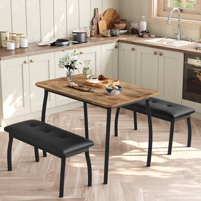 4-Piece Modern Farmhouse Dining Set, Rectangular Wood Kitchen Table with 2 Upholstered Chairs, Space-Saving Dining Furniture for Small Kitchen Dining Room, Brown