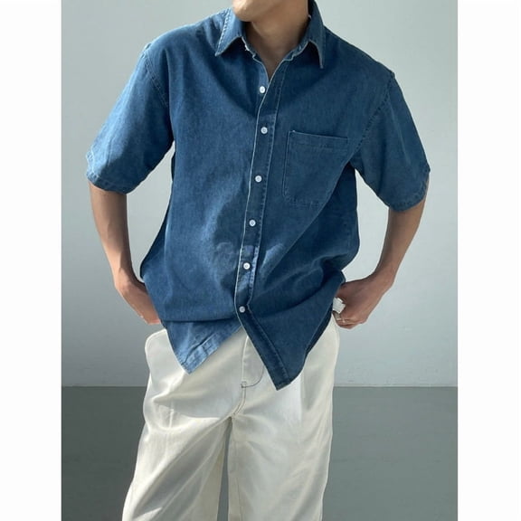 Men's Short Sleeve Denim Button Shirt, Relaxed Fit Chambray-Style Shirt with Chest Pocket