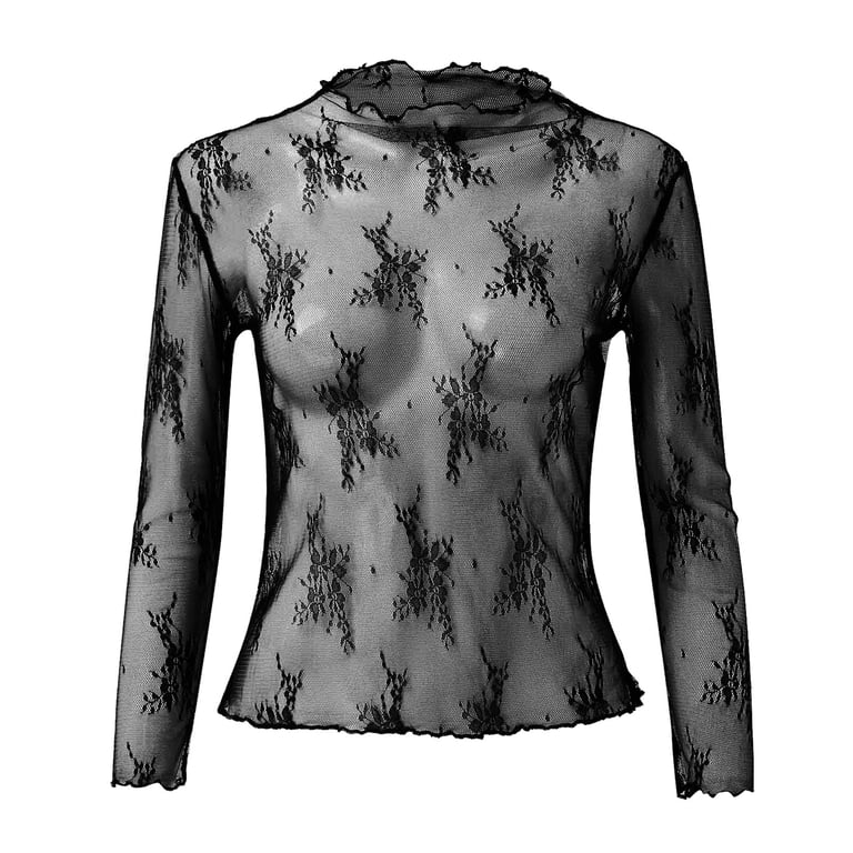 Allegra K Women's See-Through Lace Top - Long Sleeve, Cutout Front, Floral Design