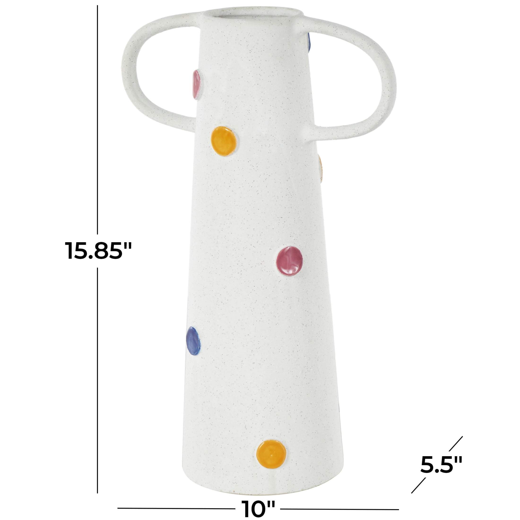 DecMode 16" Slim Cone White Ceramic Vase with Multicolor Spots and Handles