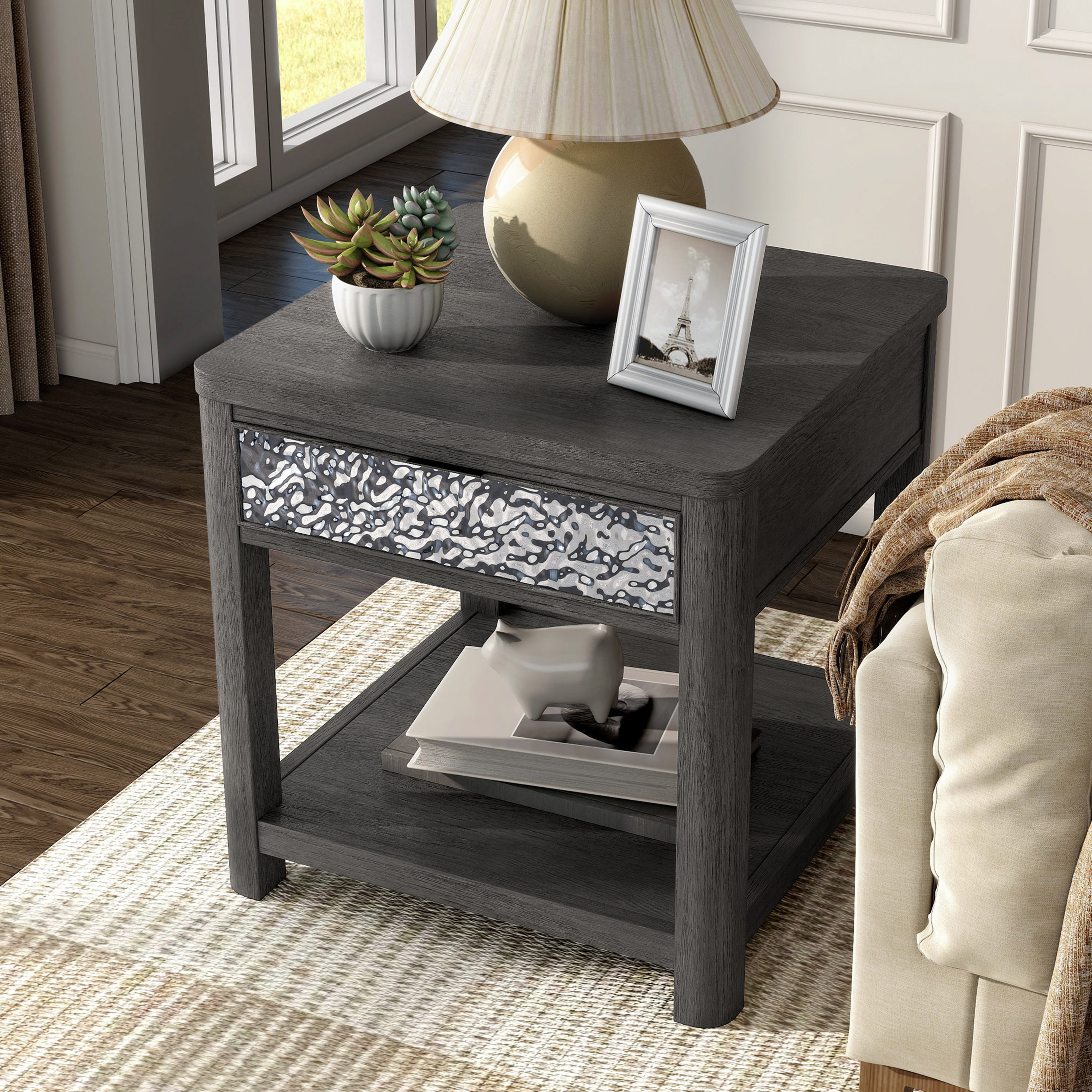 Furniture of America Cheri Modern 1-Drawer Solid Wood End Table, Ash Gray