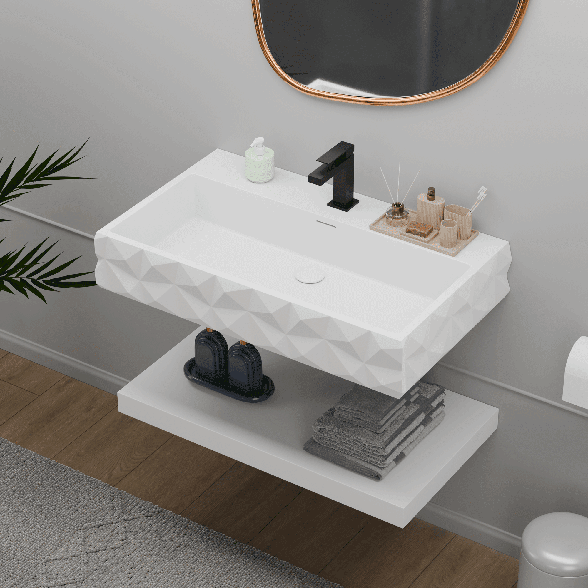 GESIPOR 32"x19" Wall-Mount Stone Resin Bathroom Vessel Sink Rectangular for Bathroom Floating Vanity with Sink Modern Art Basin with Shelf Layer