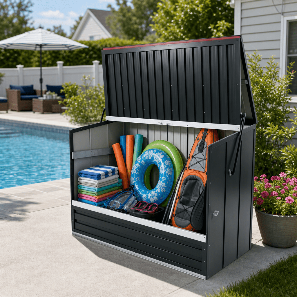594-Gallon Outdoor Galvanized Steel Storage Shed with Flip Top and Foldable Front Door, Large Tool Cabinet for Backyard and Garage, Charcoal Grey