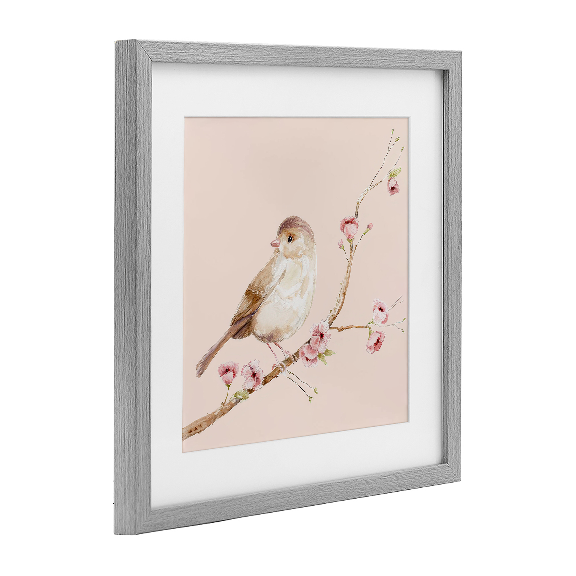 Sweet Brown Bird Perched Gray Framed Print Under Glass, design by Lisa Wehmeyer