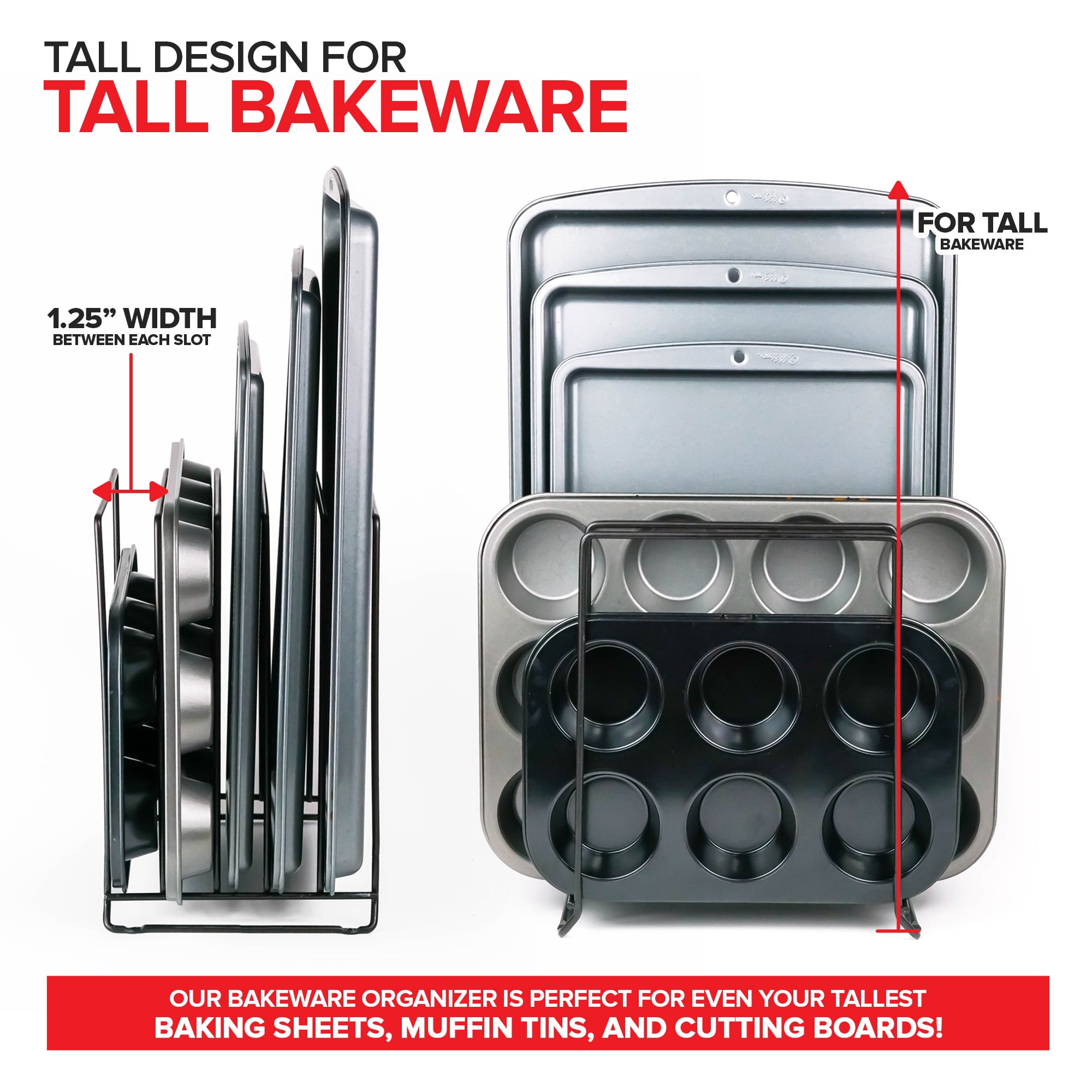 Black (2 Pack) Extra Tall Steel Baking Pan Organizer Rack for Cabinet Storage or Kitchen Counter, Cookie Baking Sheet Organizer with Dividers, Muffin Tin and Cutting Board Holder, Stock Your Home