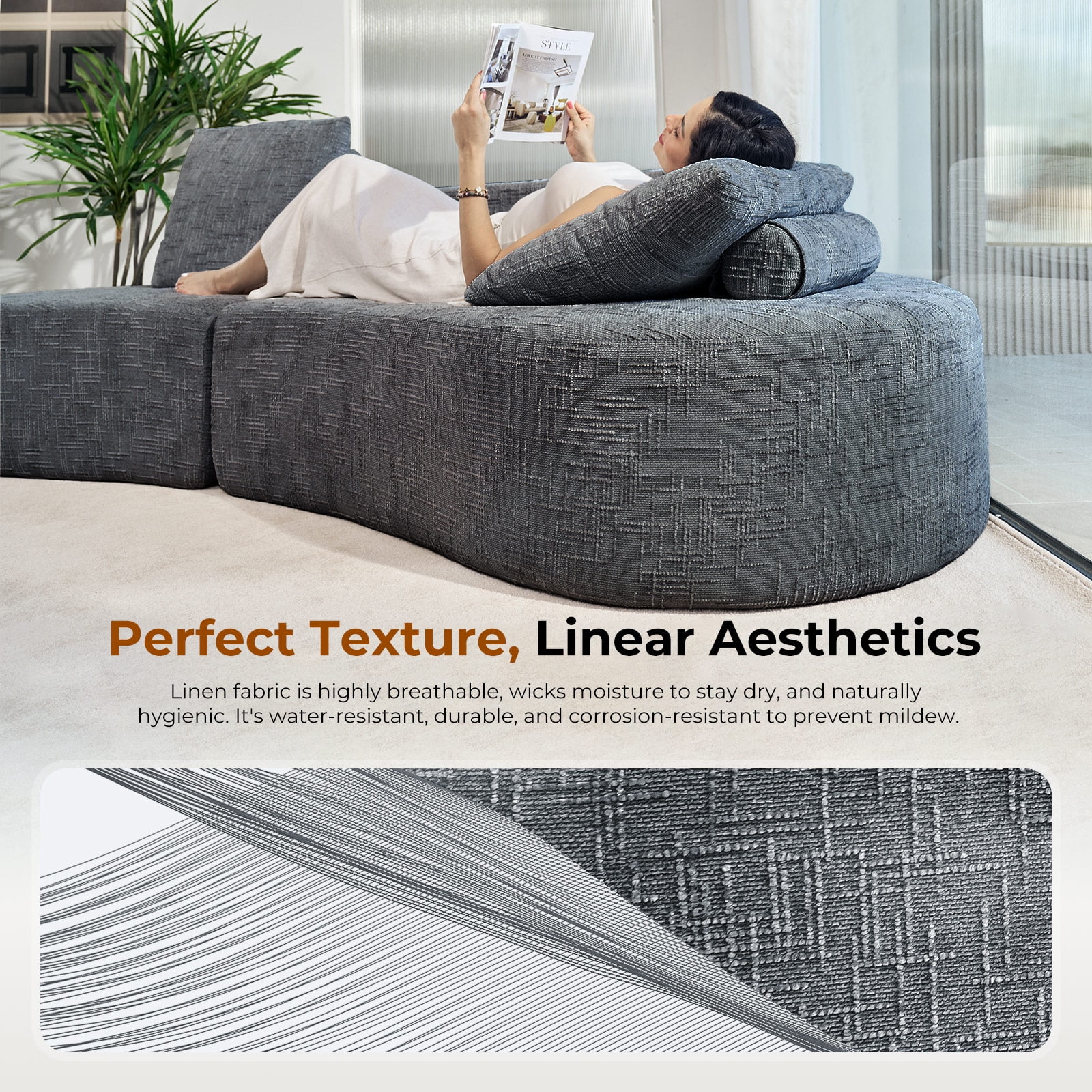 98" Half Moon Sofa Oversized Curved Couch, 38 Inch Extra Deep Seating Upholstered Sofa for Living Room, Office & Apartment, Premium Linen Upholstery, No Assembly Required.
