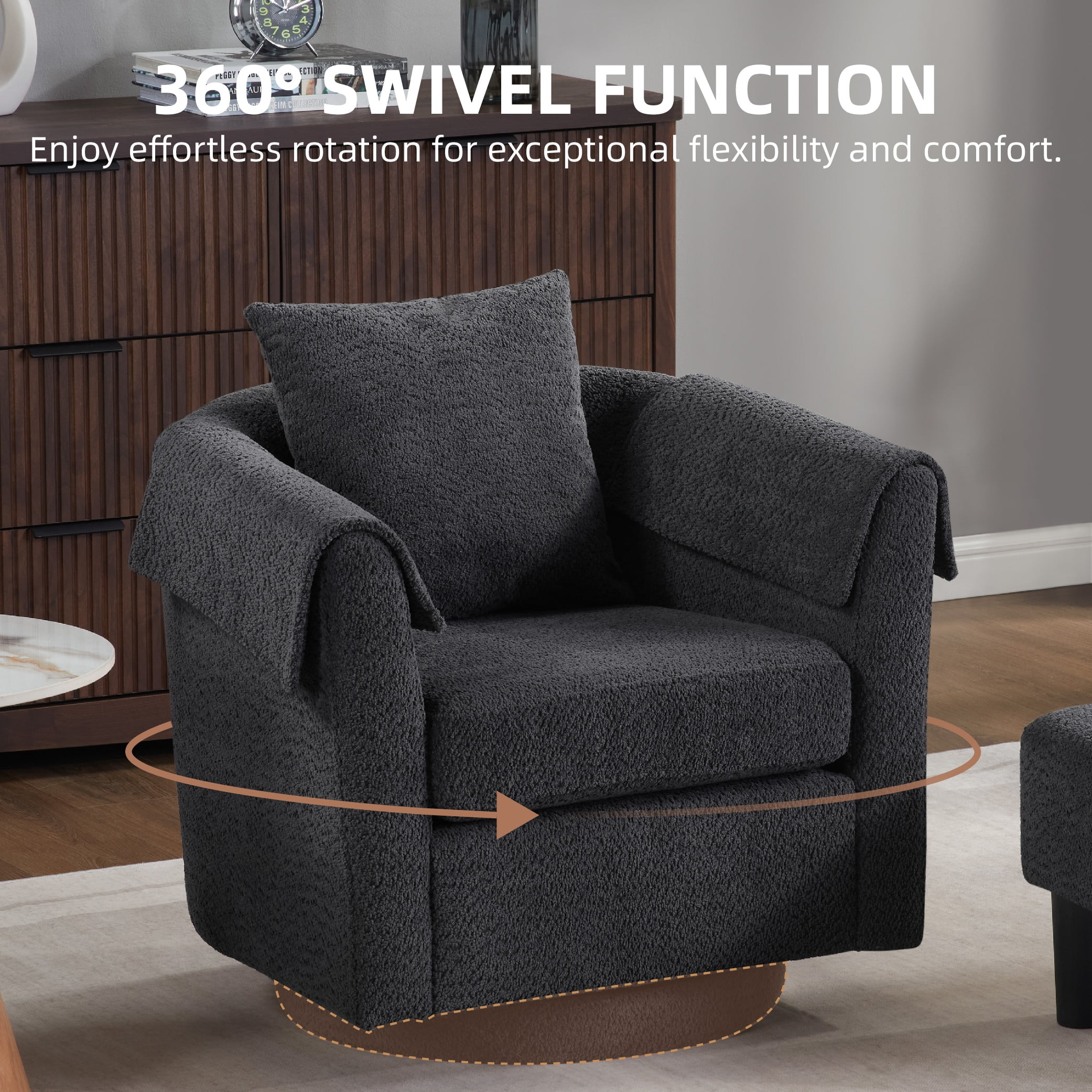 MAYEERTY Swivel Accent Chair with Ottoman, Chenille Barrel Chair for Living Room/Office, Black