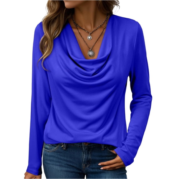 Womens Tops Trendy 2025 Fall Cowl Neck Shirts Long Sleeve Teacher Clothes Office Business Dressy Casual Outfits Royal Blue XL