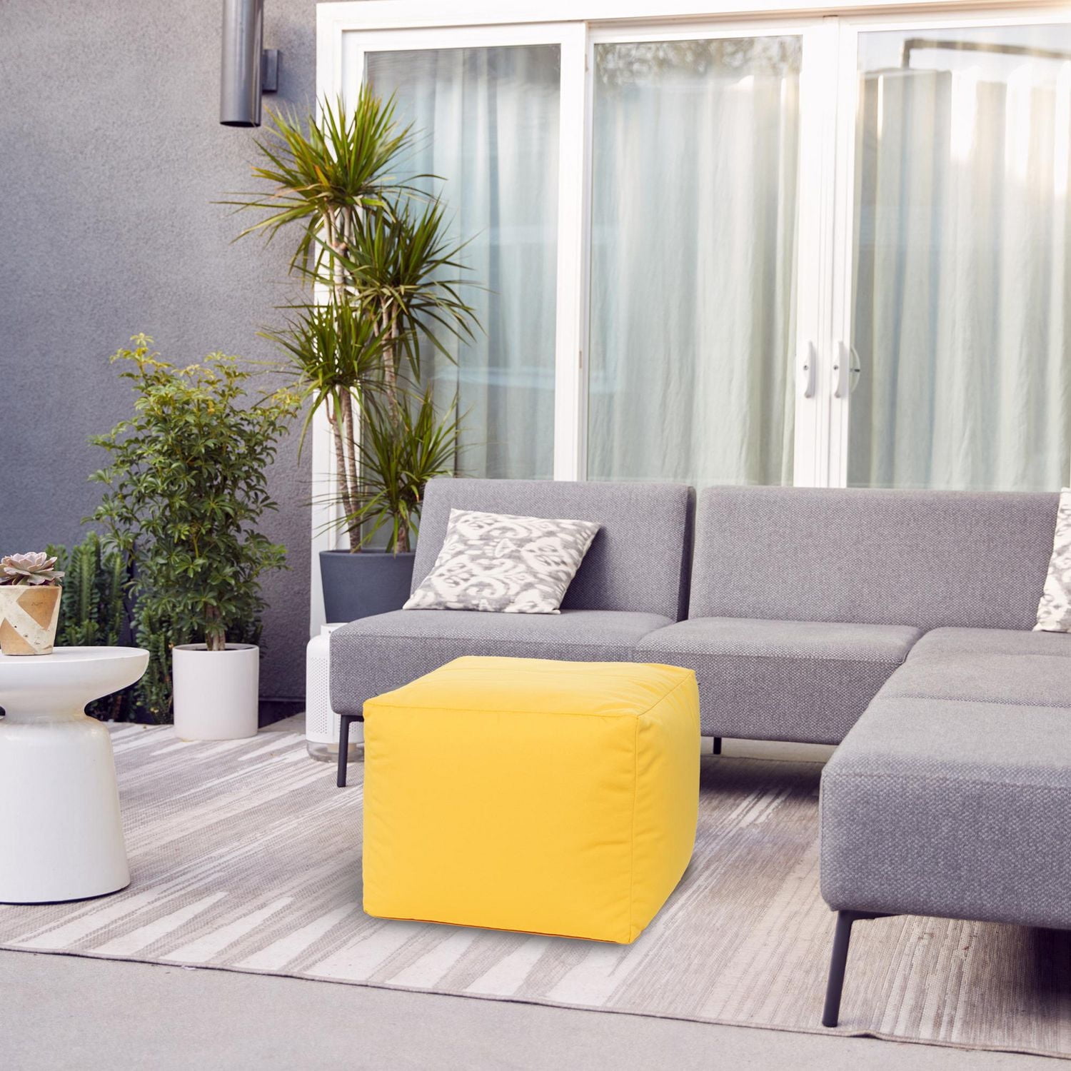 Gouchee Home Cube Soleil Outdoor/Indoor Yellow Ottoman Pouf – Waterproof Cube Pouf with Polystyrene Bead Filling, Lightweight Modern Seating for Patio, Deck, or Living Room