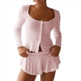 thumbnail image 3 of Conjunto de Pijama para Mujer, de Larga, con Botones, Top y Pantalones Cortos con Volantes, Conjunto de 2 Piezas para Estar en Casa, Ropa de Dormir Y2k. Rosa S, 3 of 8
