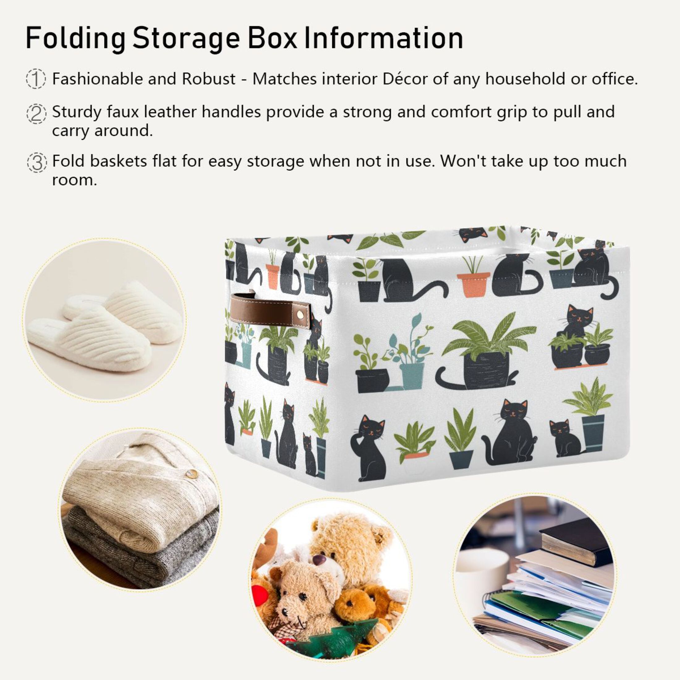 Black Cat Playing Foldable Storage Basket,Canvas Fabric Foldable Storage Bins with Handles Open Home Storage Bins Boxes for Toy Book Shelf Closet Baskets