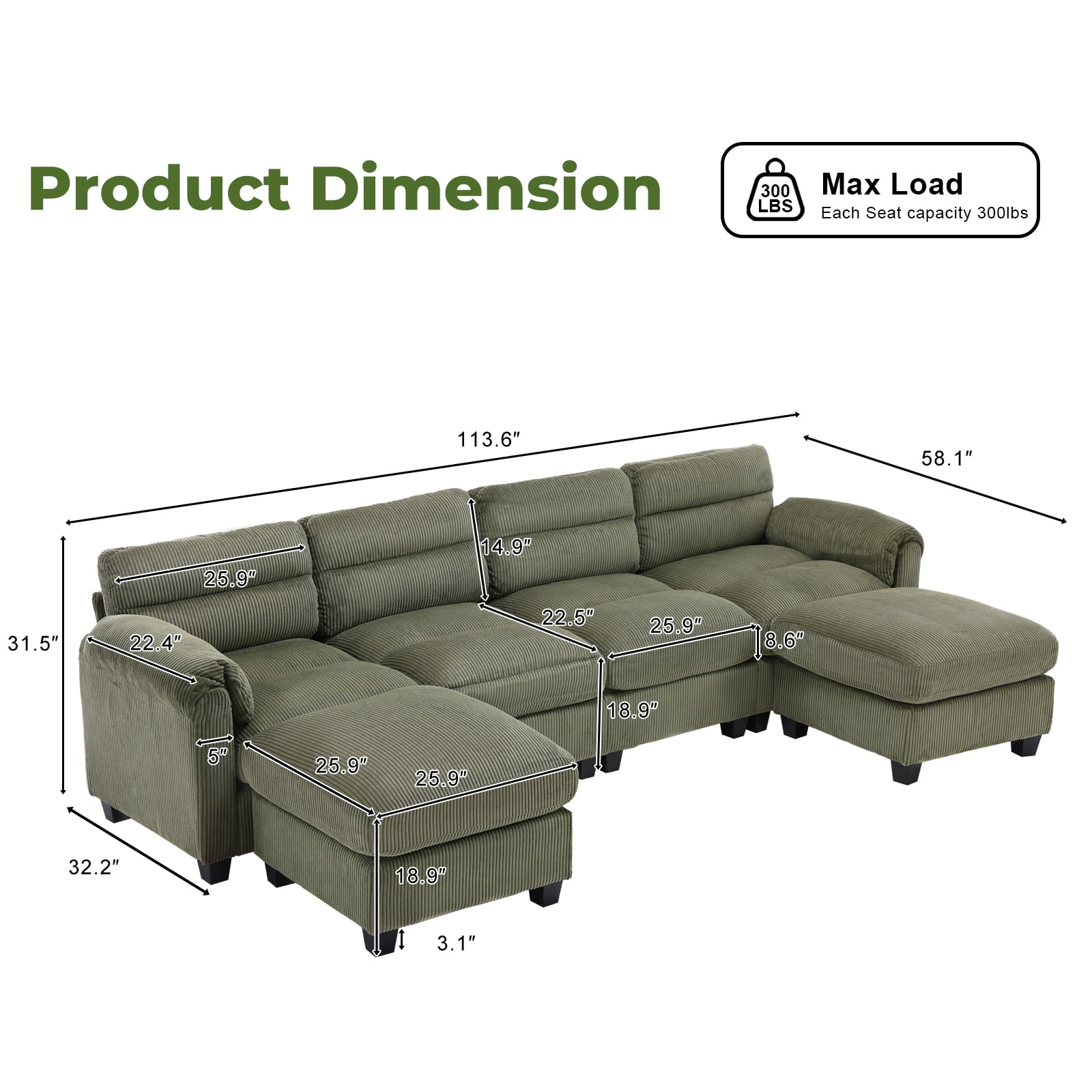 Bonzy Home Modular Sectional Sofa Couches for Living Room U-Shaped Sofa Green
