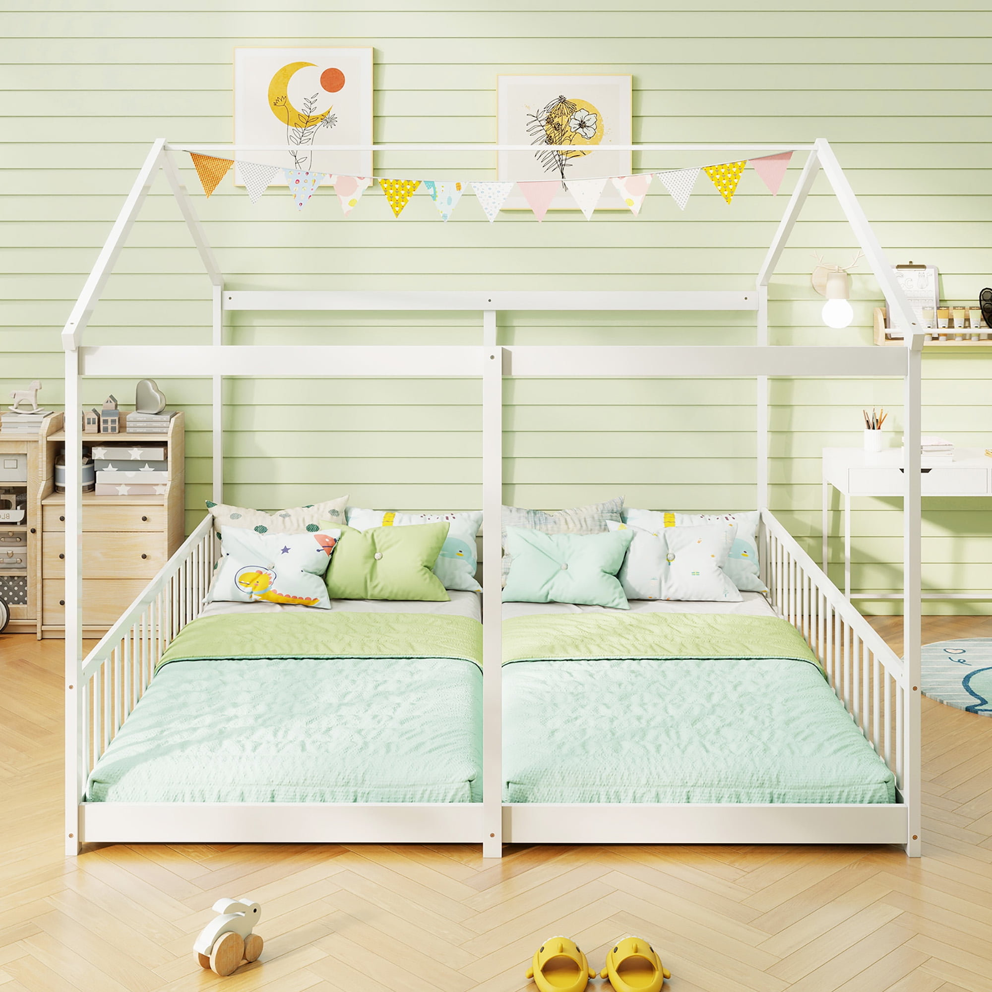 Gymax Double Floor Bed w/ Safety Guardrails No Box Spring Needed for Teens Boys Girls White