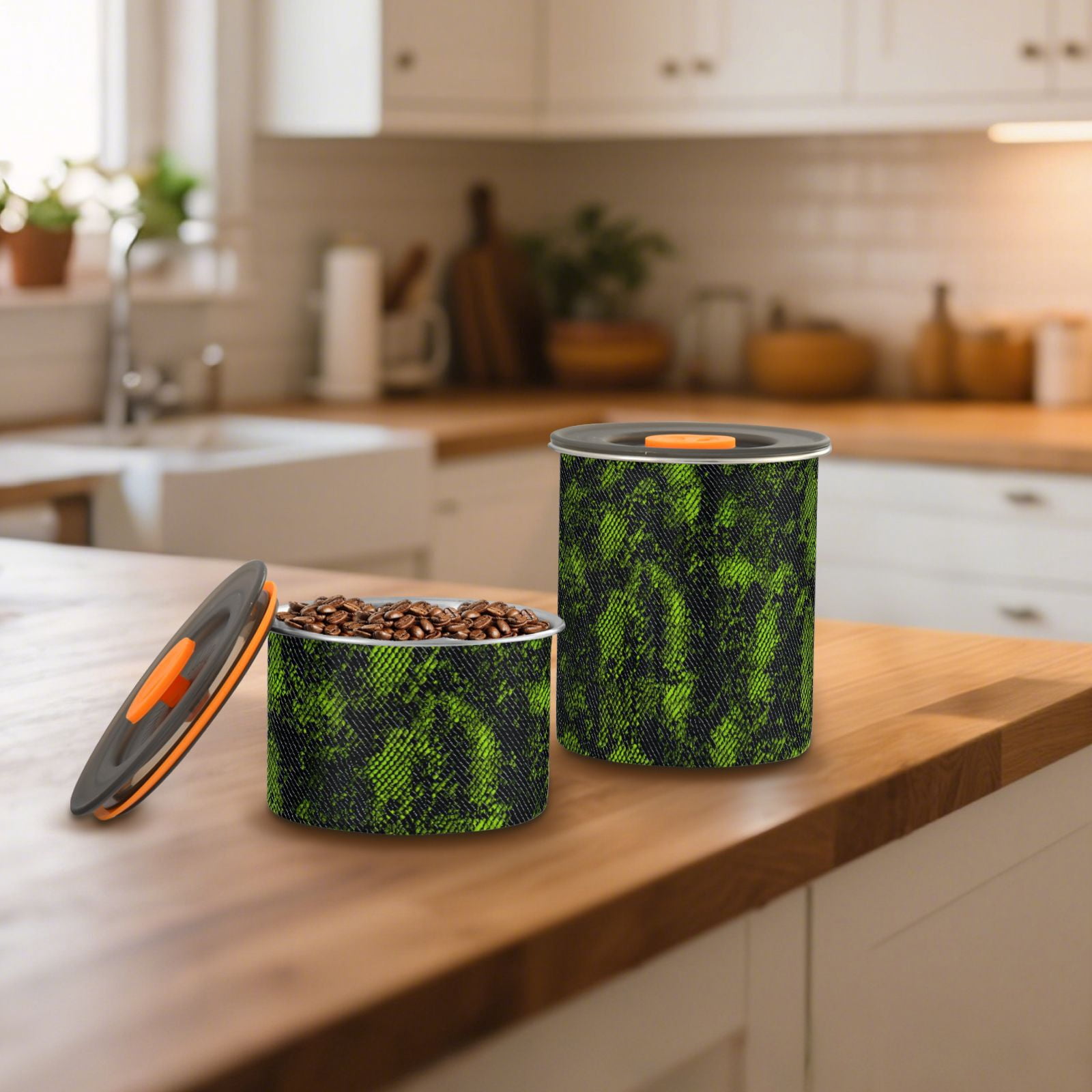 Green Black Snake Print Airtight Coffee Bean Canister 30oz Food Storage Containers with Lids For Gournd, Tea, Sugar, Flour, Rice, Cereal, Candy Cookie Jar