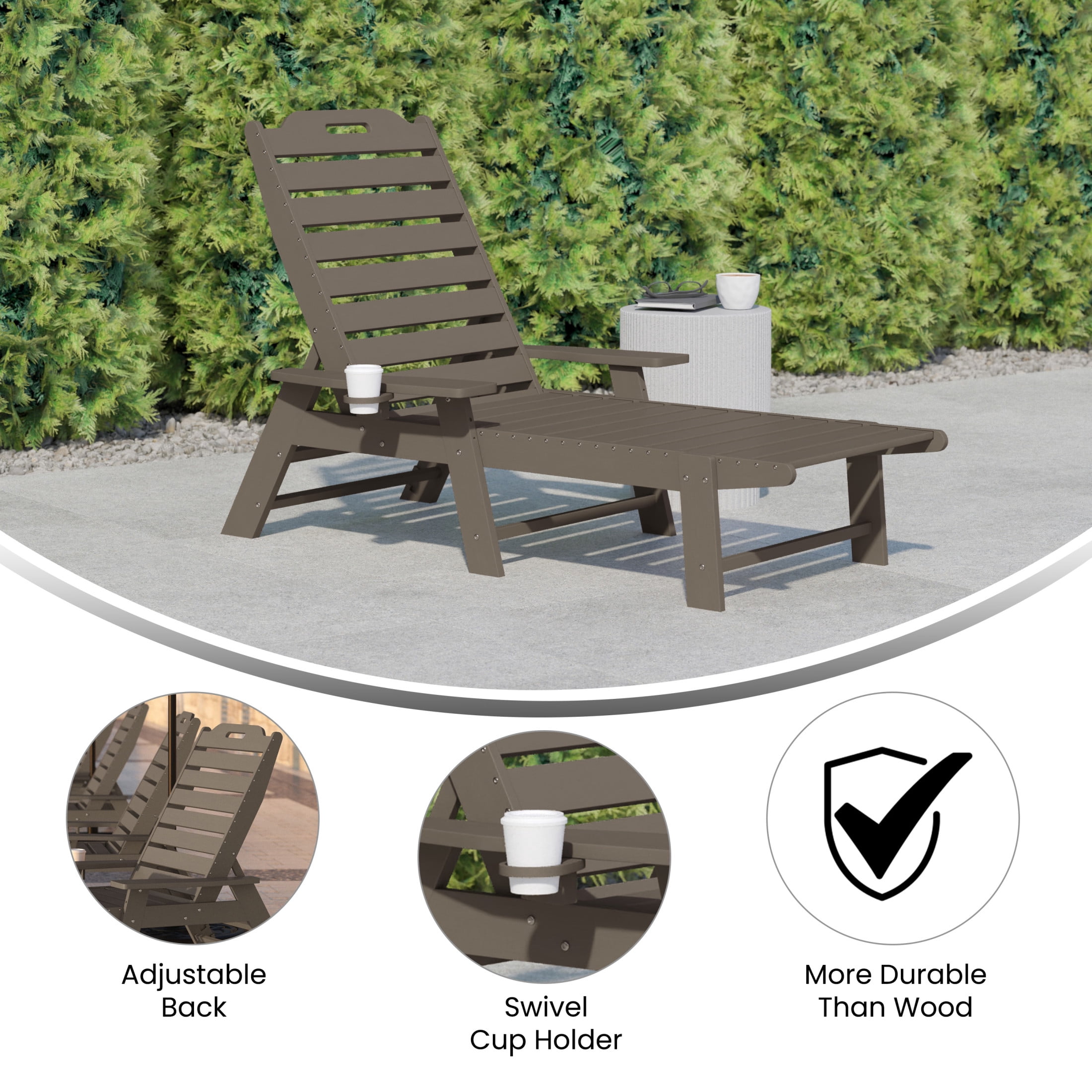Flash Furniture Monterey Adjustable Adirondack Lounger with Cup Holder- All-Weather Indoor/Outdoor HDPE Lounge Chair in Brown
