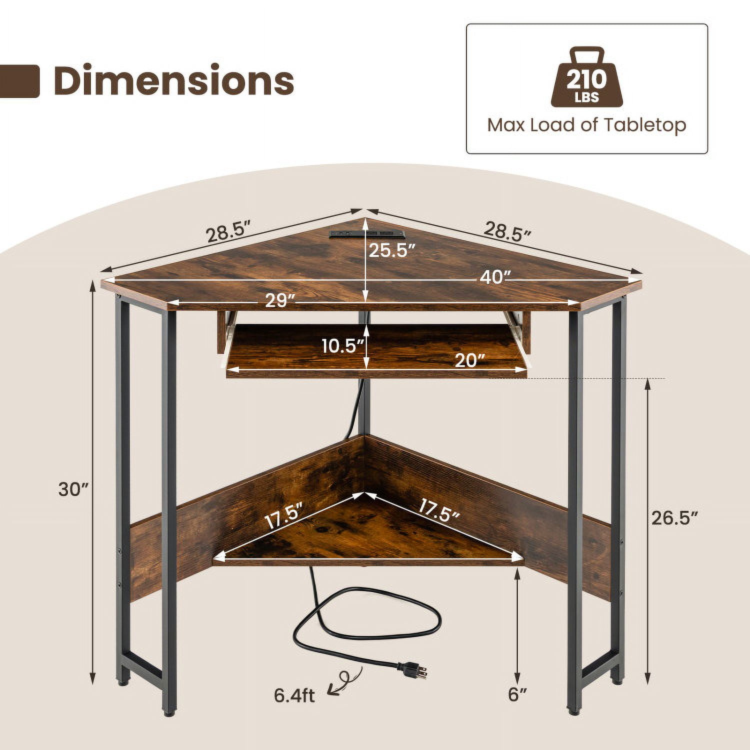 Kadyn Computer Corner Desk,Home Office Writing Worstation, Corner Table,Triangle Corner Desk with Charging Station Keyboard Tray and Storage Shelf-Rustic Brown