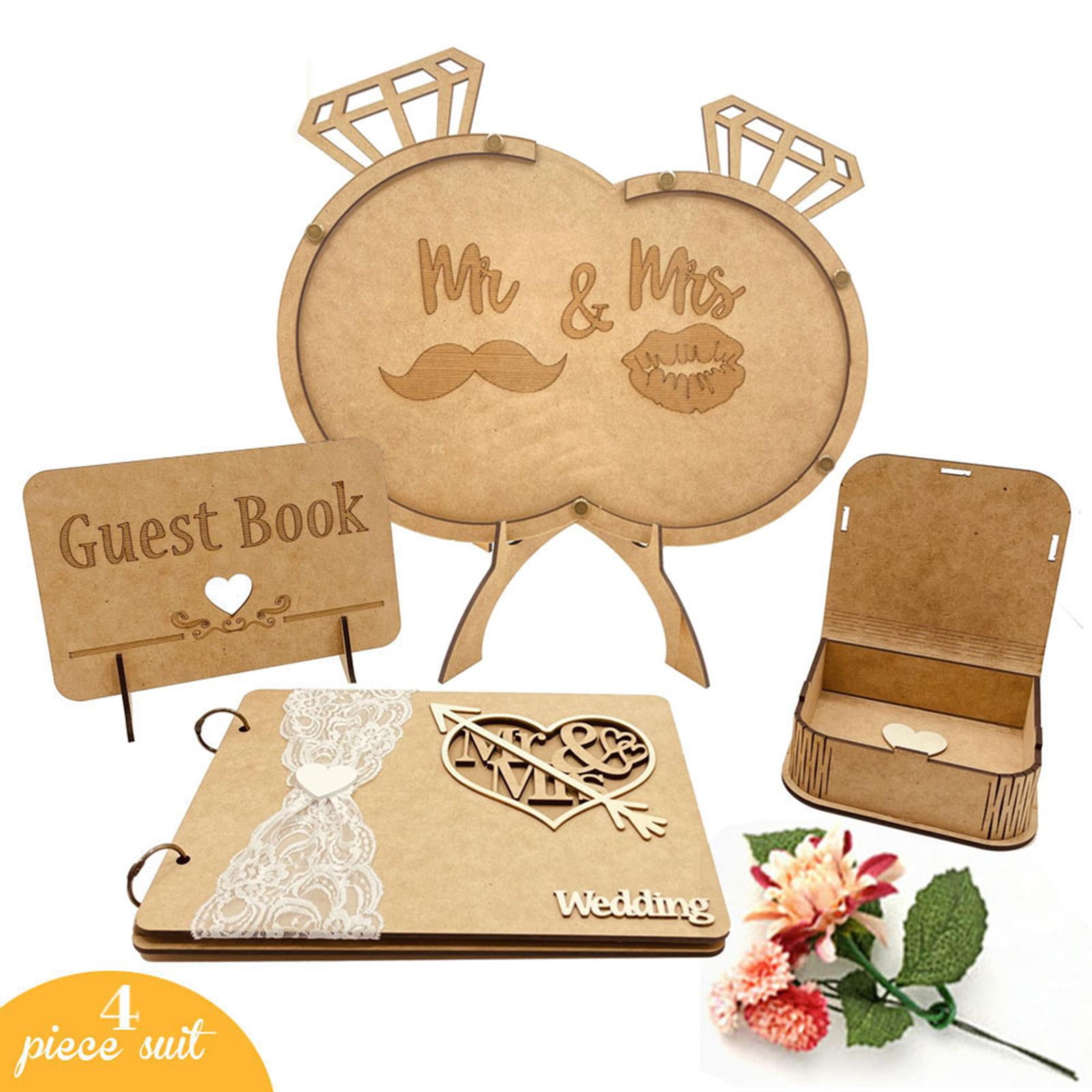 balikha Rustic Wedding Guest Book Visitors Sign Book Registry Drop Box Wooden with Stand 3D for Decorations Birthday Anniversary Wedding , diamond rings, multi