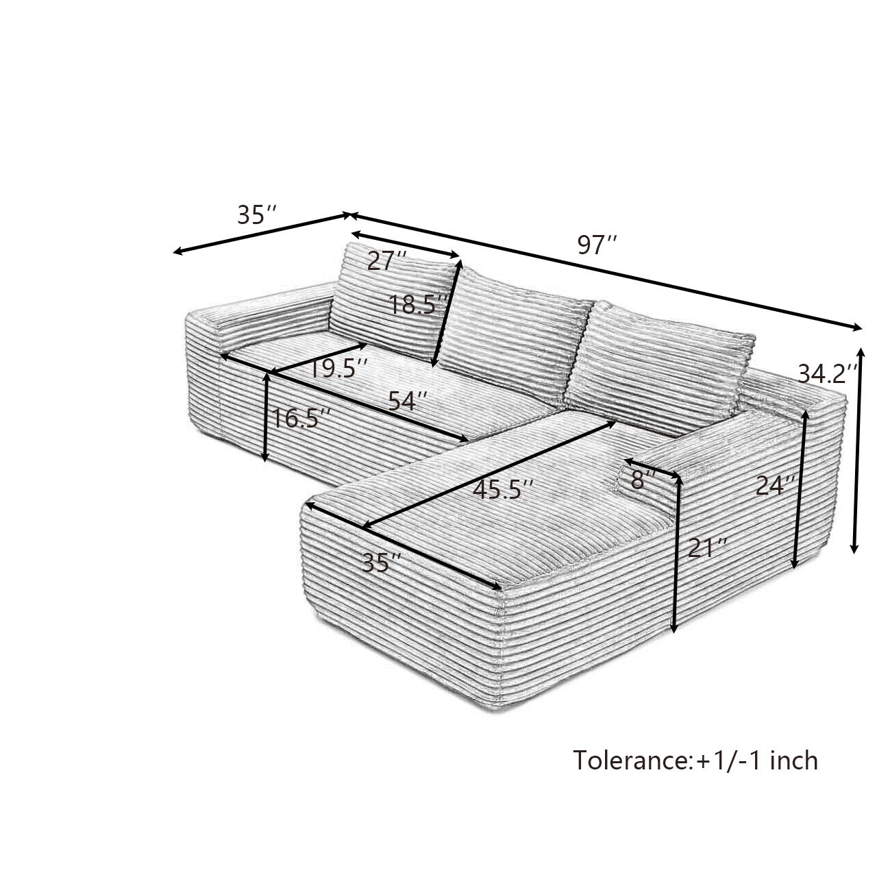 GARITIN 97 Inch Modular Sectional Sofa, Cloud Sectional Couch with Deep Seat, Modern L-Shape Sofa with Chaise, Upholstered Couch for Living Room Bedroom, No Assembly, Black
