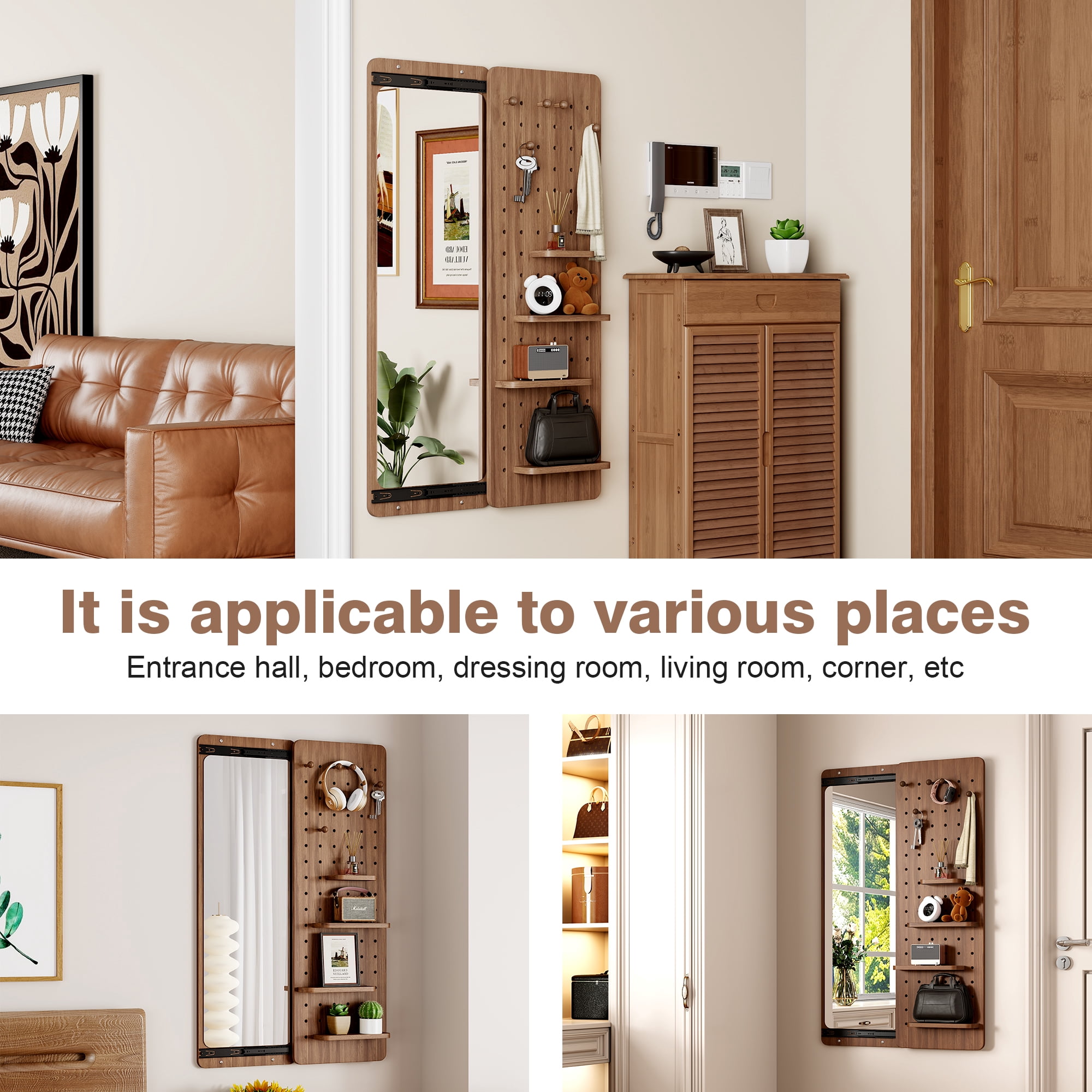 Leumius Wall Mounted Full Length Mirror,Full Body Mirror with Shelf,Multifunctional Wall Mounted Mirror with Hideable mirror for Entrance,Bedroom,Living Room,Walnut